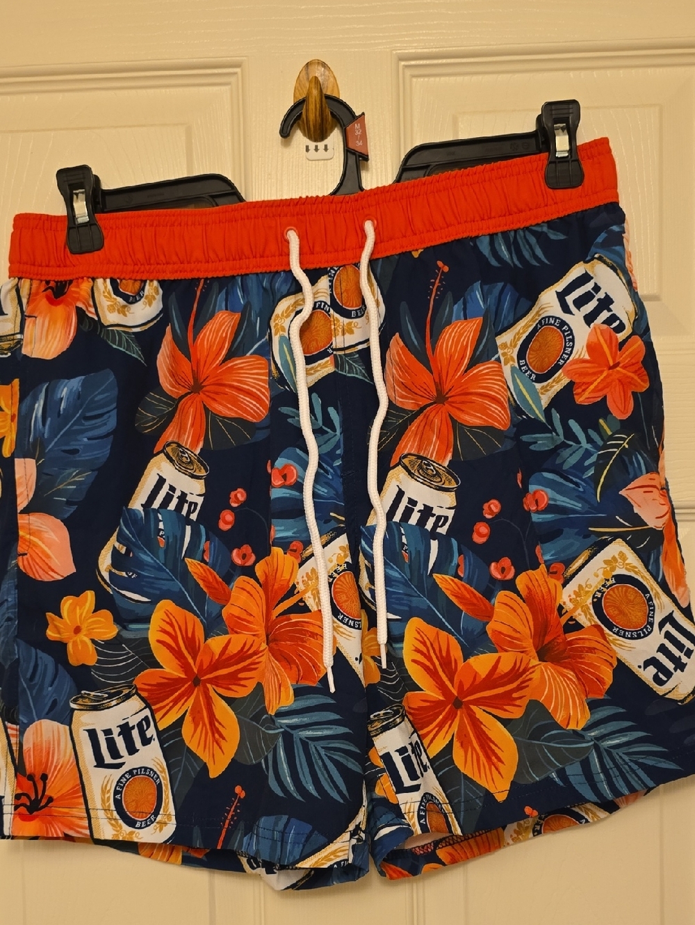 Men's Miller Lite Navy Tropical Swim Trunks with Orange Floral Print Size M